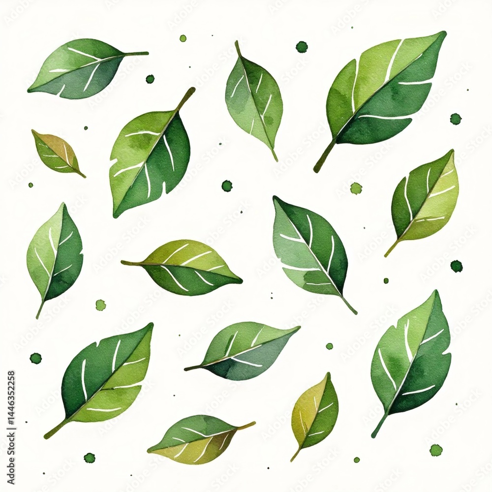 Poster collection nine green leaves scattered randomly white background leaves different sizes shapes being