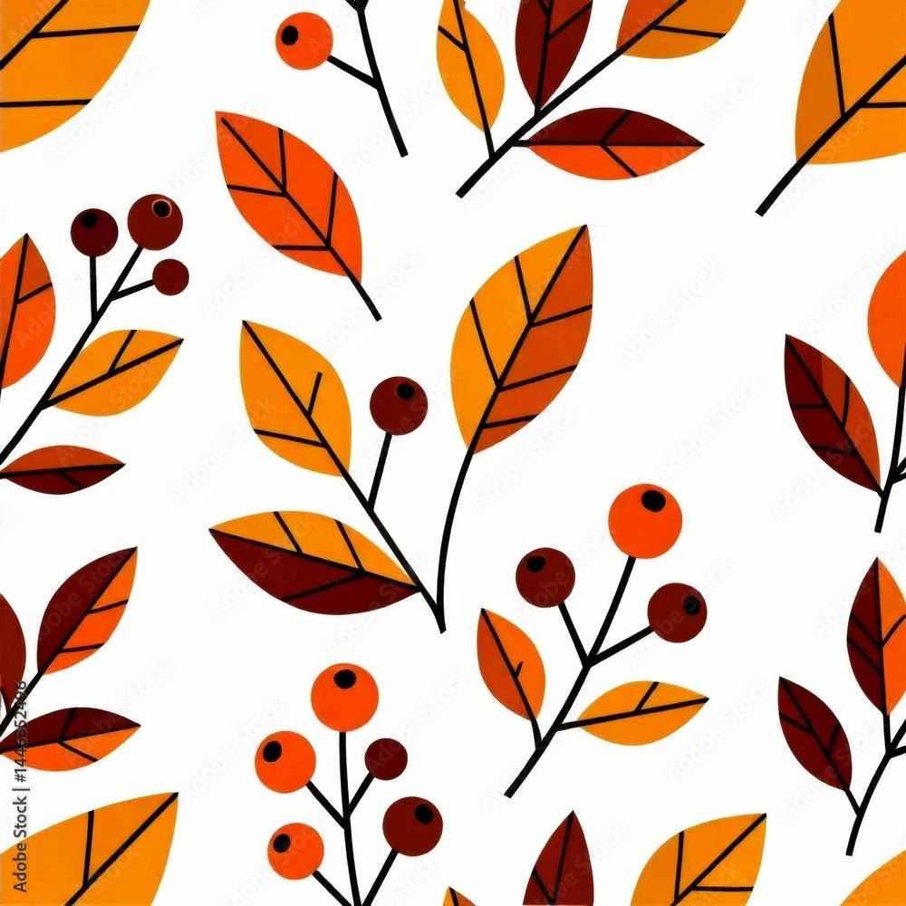 Poster seamless pattern orange red leaves berries white background leaves arranged repeating pattern leaf h