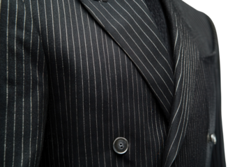 Elegant black pinstripe suit detail showcasing impeccable tailoring and refined texture Close up