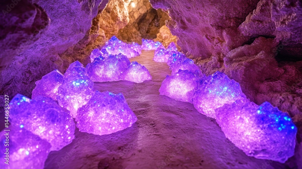 Poster illuminated crystal path inside a cave structure