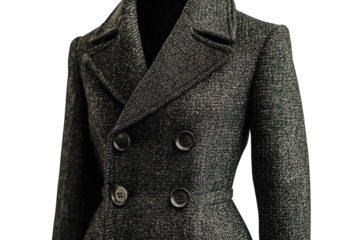 Elegant dark grey double breasted coat speckled texture detailed buttons stylish winter apparel