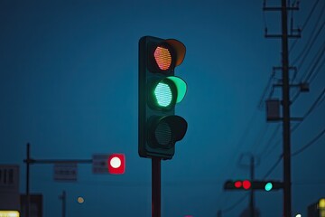 Nighttime traffic signal showing green light
