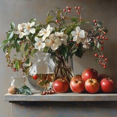 Still life of flowers, apples, and berries in glass vessels