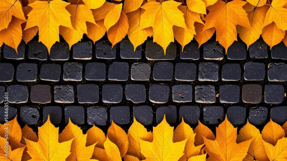 Poster close cobblestone pavement pavement small dark grey bricks arranged grid like pattern bricks evenly 