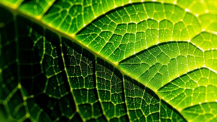 close green leaf leaf appears multiple layers veins ridges creating textured pattern veins arranged way creates sense depth dimension leaves vibrant green color glossy texture background blurred