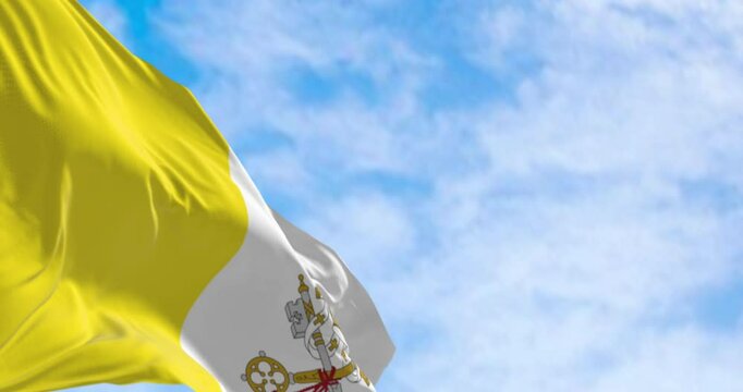 Vatican City national flag waving outdoors against blue sky. 3D render animation