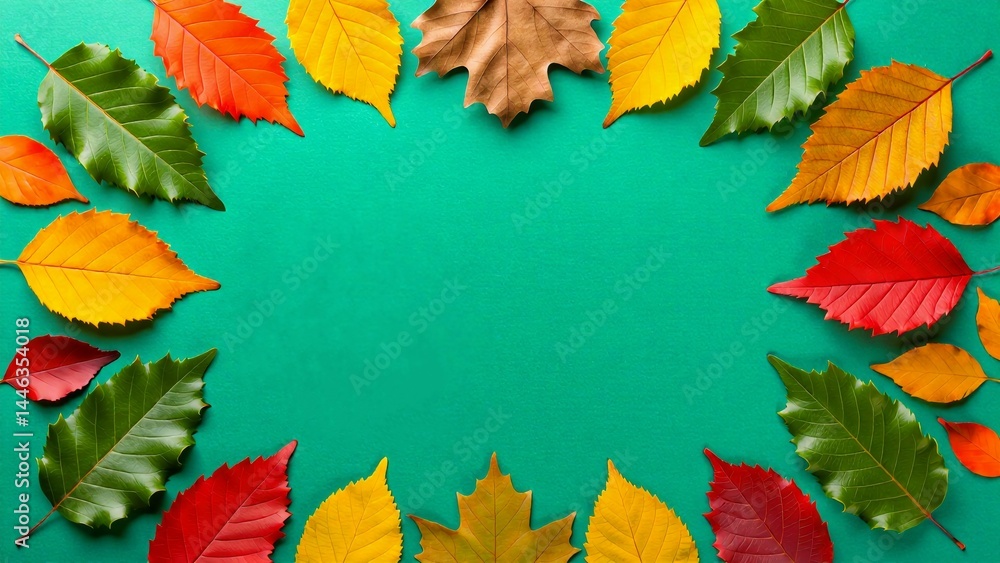 Poster flat lay colorful autumn leaves arranged circular pattern turquoise background leaves different size