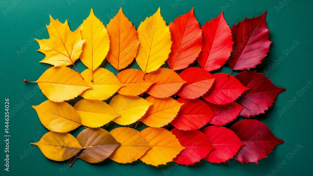 Poster flat lay colorful autumn leaves arranged circular pattern dark green background leaves different sha