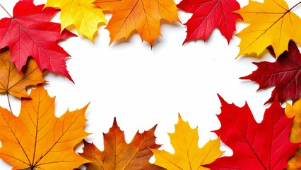 flat lay colorful autumn leaves arranged circular pattern white background leaves different sizes colors including red orange yellow brown leaves overlapping creating border around center colors