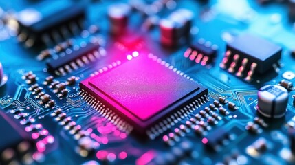 Intricate circuitry with a central illuminated processor