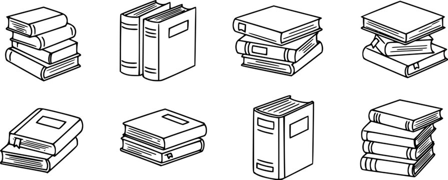 Open and closed paper books, bookshelf stack line icon. Outline hand drawn vintage diary, literature of bookstore, side and top view. Library mascots, simple books icon collection vector illustration