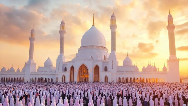 Muslim worshippers gather at a majestic white mosque during a beautiful sunset.