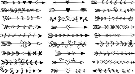 Cupids arrows white chalk line icons set on black chalkboard. Outline hand drawn vintage arrows with ornaments, fancy decor and hearts. Love, invitation mascot, dividers icons vector illustration