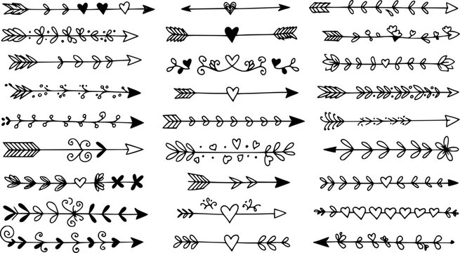 Cupids arrows white chalk line icons set on black chalkboard. Outline hand drawn vintage arrows with ornaments, fancy decor and hearts. Love, invitation mascot, dividers icons vector illustration