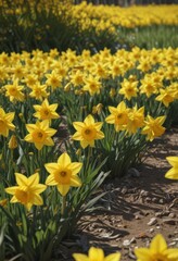 Obraz premium Sunlit field of vibrant yellow daffodils, petals gleaming , field, natural, close-up