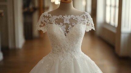 Lace dress on a mannequin, with detailed floral patterns