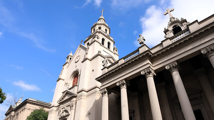 Fototapeta premium An old Catholic cathedral in the historic quarter of Buenos Aires. There are columns, carved ornaments, sculptures on the facade. A tall tower with a bell and a cross, blue sky and clouds. Argentina.