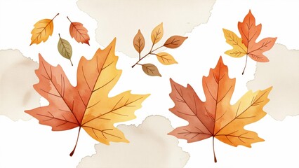 Obraz premium digital illustration autumn leaves six leaves total different color orange yellow brown leaves arranged scattered manner overlapping background light beige color few more leaves scattered around