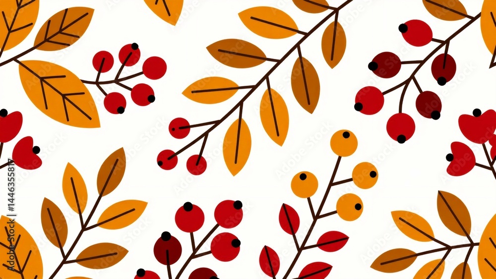 Poster seamless pattern autumn leaves berries leaves various shades orange yellow red arranged repeating pa