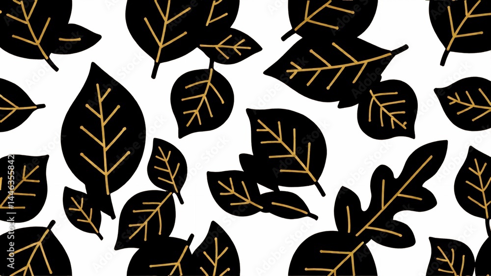 Poster seamless pattern black leaves gold lines white background leaves arranged repeating pattern leaf hav