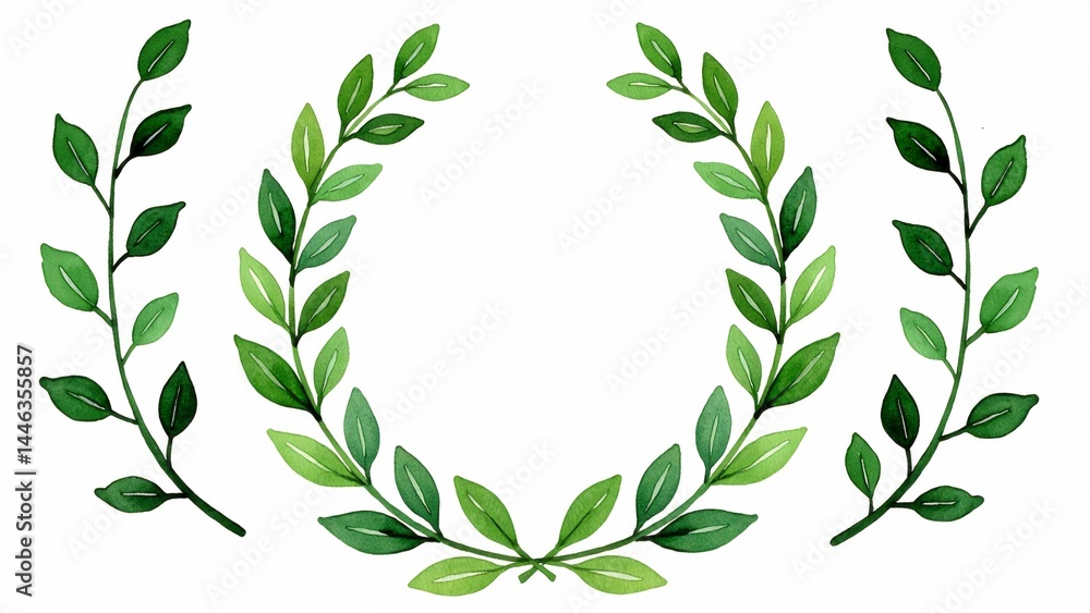 Poster set three illustrations wreath green leaves leaves arranged circular pattern leaf having unique shap