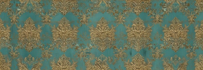 Intricate gold and turquoise damask pattern  Seamless vintage wallpaper repeat , textile, decor, vintage