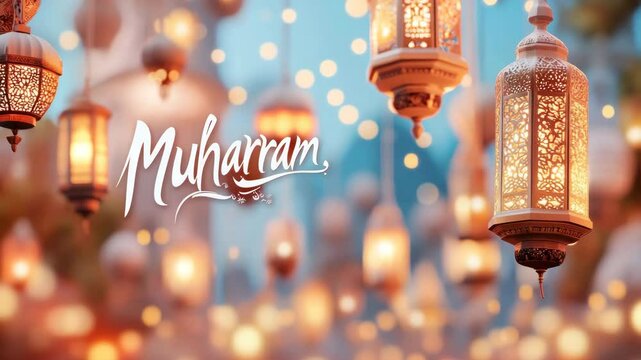 Warm lights illuminate the word Muharram, a beautiful and peaceful scene.