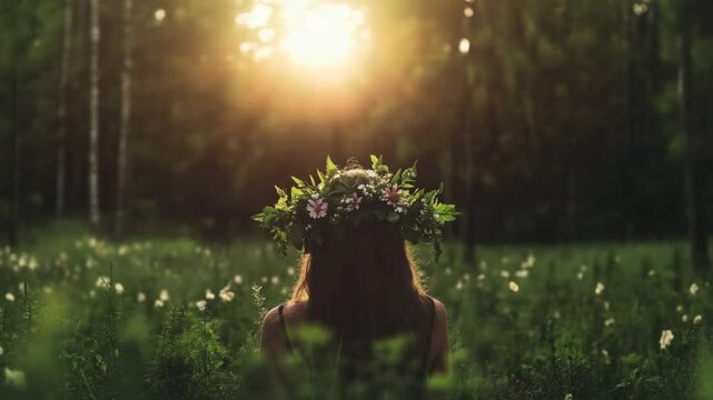 Woman with flower crown in a forest at sunset. Serene, peaceful moment.
