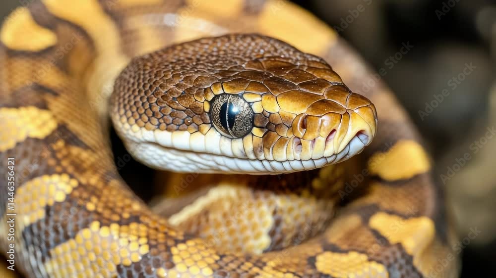 Poster close-up of a snake's head with a distinctive black eye, suitable for use in wildlife or nature-rela