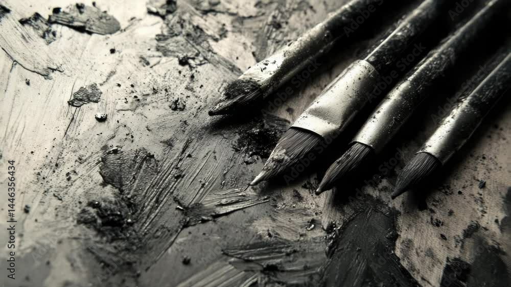 Poster A collection of paint brushes arranged neatly on a table surface