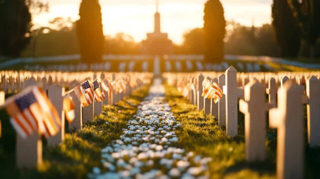 Rows of small flags and grave markers at sunset. A peaceful scene of remembrance.