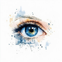 Beautifully painted watercolor blue female eye on a white background