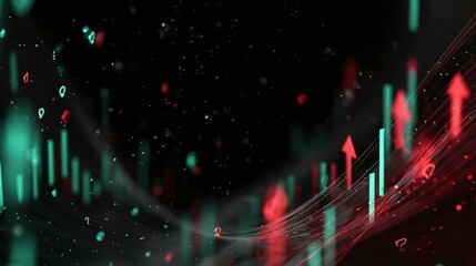 Abstract financial chart with rising arrows in red and green on black.