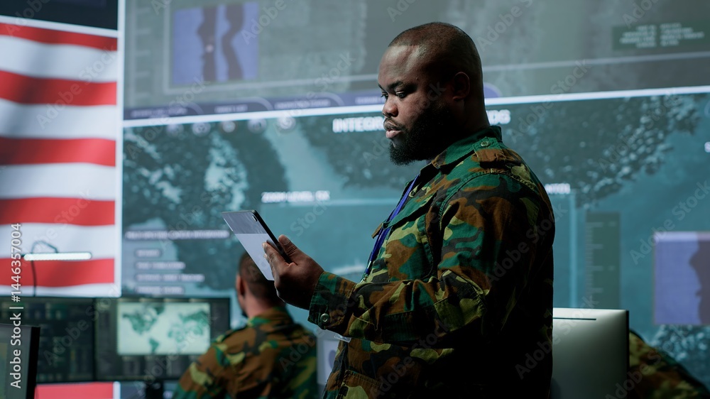 Poster american military intelligence officers in a command center monitoring surveillance information in o