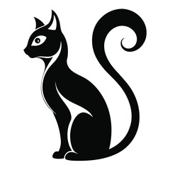 Elegant Black Cat Silhouette, Curved Tail, Feline Grace, Minimalist Design, Isolated on White