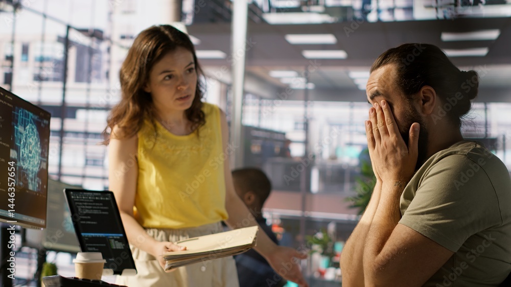 Poster exhausted developer caught asleep at desk by manager while developing ai machine learning company te