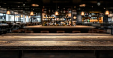 Empty wooden table in a blurred bar