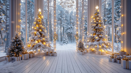 Christmas trees decorated by windows snowy forest