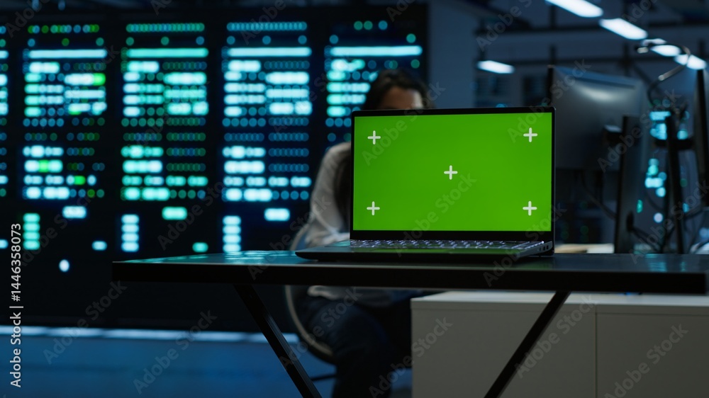 Poster focus on mockup laptop used by technician in data center in blurry background managing servers. clos