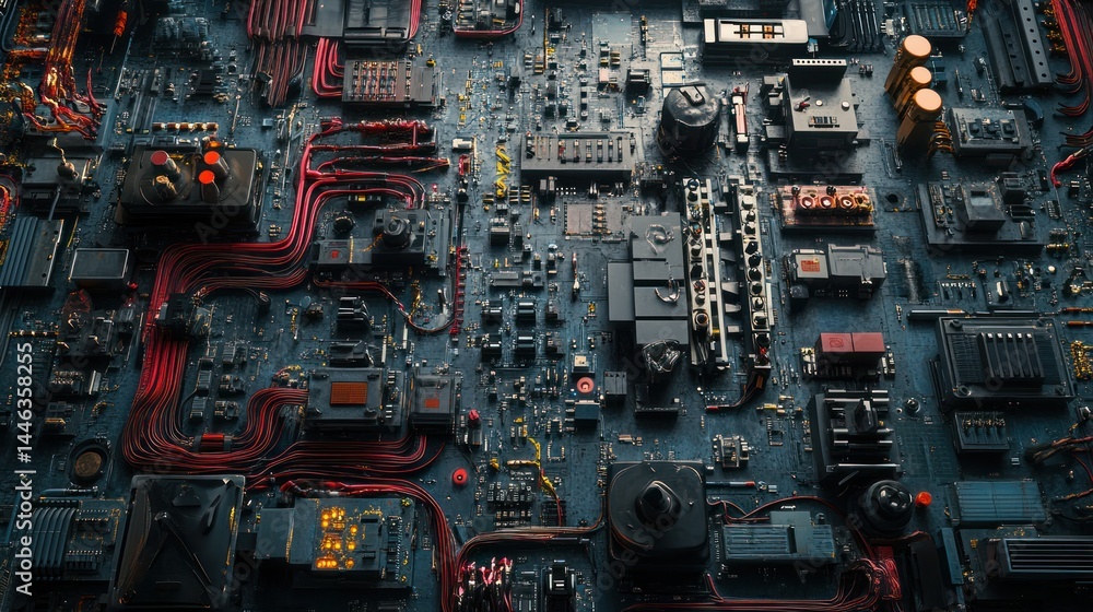 Poster complex circuit board with intricate network of wires and components. detailed close-up view