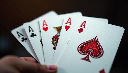 Obraz premium Four aces fanned out, showing intricate details , gambling, playing cards, pattern