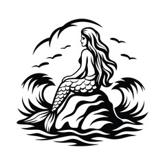 Mermaid on Rock Silhouette with Waves, Birds Flying Black & White Sea Creature