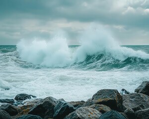 Obraz premium A panoramic shot of the ocean waves crashing against a rocky shore, Ocean, Powerful and dramatic