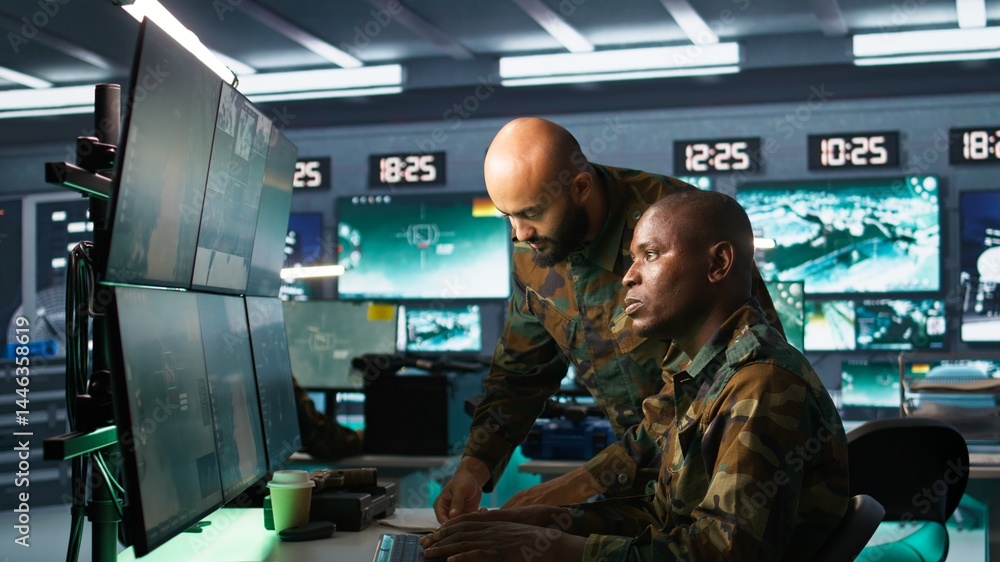 Poster soldier in military hq base doing brainstorming with coworker, gathering information on enemy troops