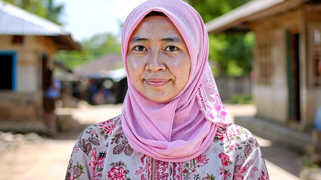 Smiling woman in pink hijab, village setting