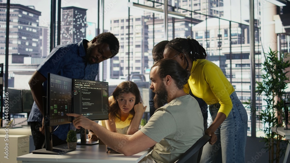 Poster team of software engineers doing brainstorming to create machine learning models that can process an