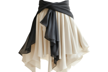 Elegant asymmetrical skirt cream charcoal grey layers draped waist detail studio shot on white