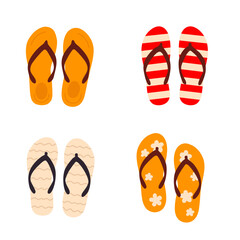 Set of beach flip-flops and sandals in bright red, orange and yellow colors