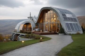 Sustainable hillside home design showcasing modern architecture, solar panel system and exterior landscape lighting during dusk