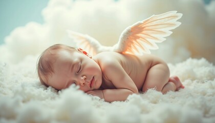 Newborn baby with angel wings sleeping on clouds. Heavenly peaceful scene for baptism, christening, or baby dedication card. Spiritual concept of innocence and divine protection.